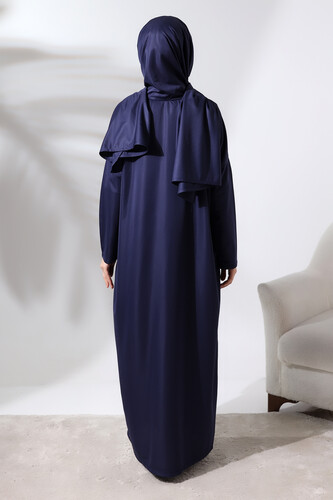 Women's One Piece Zippered Prayer Dress with Headscarf Navy Blue - 7