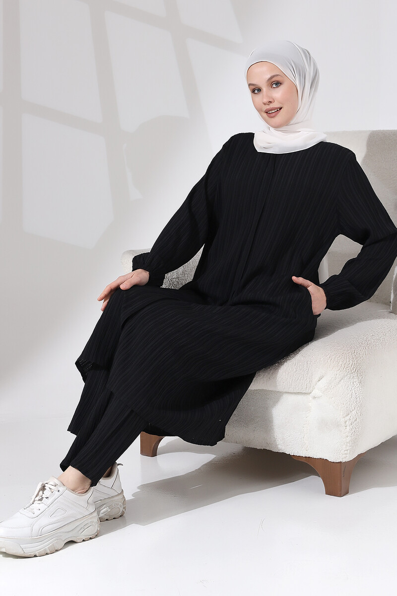 Women's Wrapped Fabric Hidden Zipper Double Set Hajj Umrah Outfit Black - 6