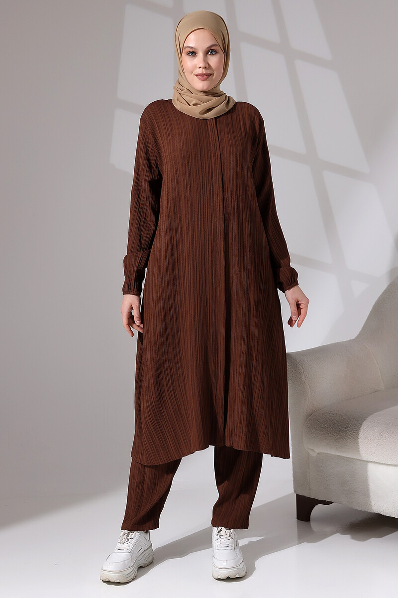 Women's Wrapped Fabric Hidden Zipper Double Set Hajj Umrah Outfit Brown - 1