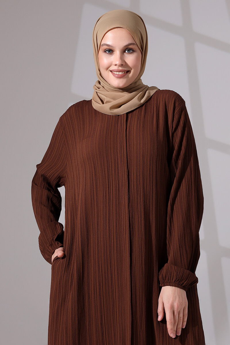 Women's Wrapped Fabric Hidden Zipper Double Set Hajj Umrah Outfit Brown - 6