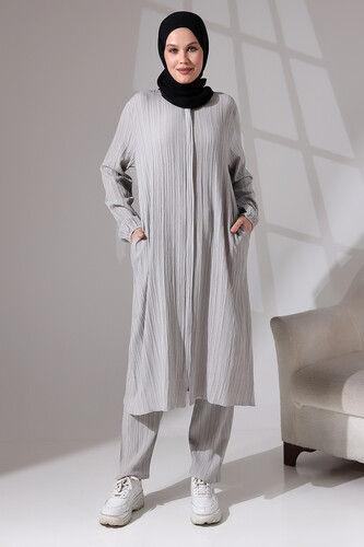 Women's Wrapped Fabric Hidden Zipper Double Set Hajj Umrah Outfit Gray - 1