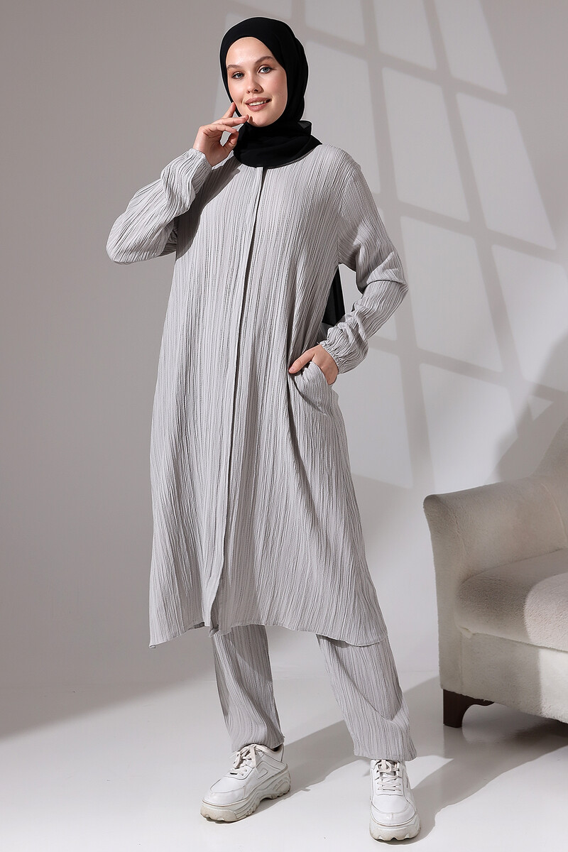 Women's Wrapped Fabric Hidden Zipper Double Set Hajj Umrah Outfit Gray - 2