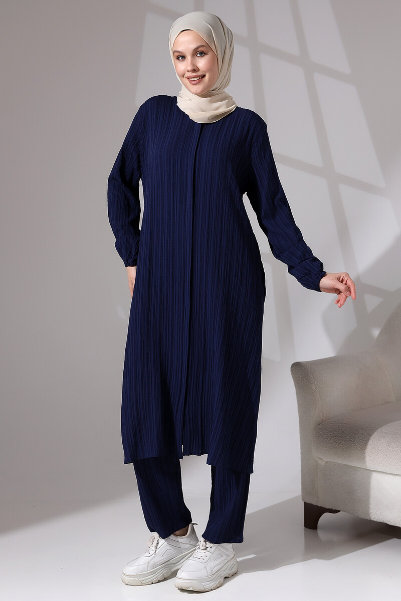 Women's Wrapped Fabric Hidden Zipper Double Set Hajj Umrah Outfit Navy Blue - 2