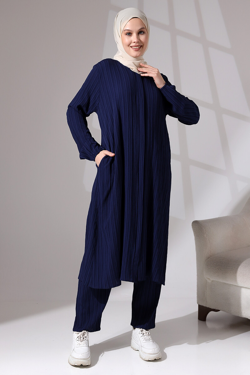 Women's Wrapped Fabric Hidden Zipper Double Set Hajj Umrah Outfit Navy Blue - 4