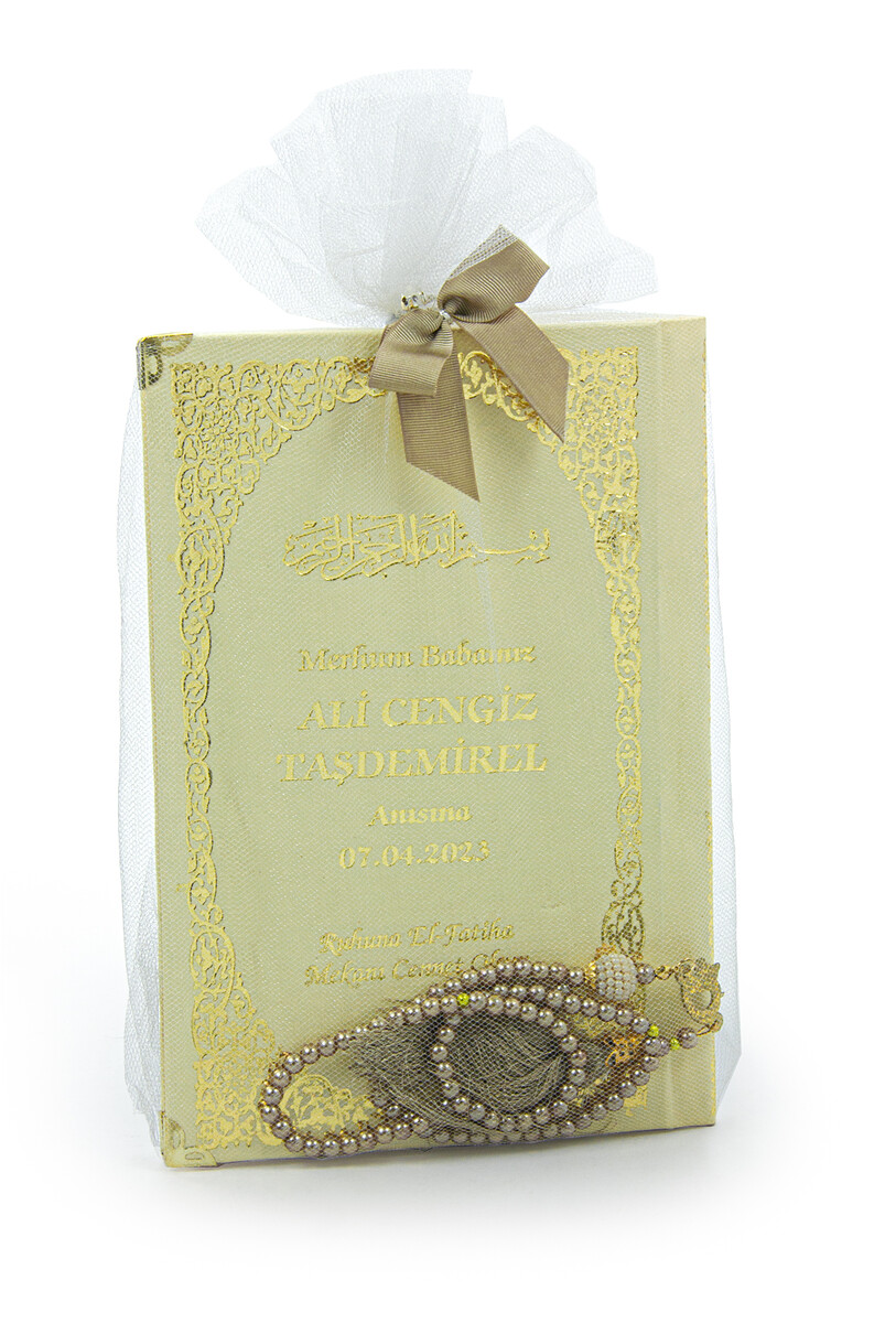 Yasin Book with Tulle-Coated Name Printed Hardcover - Medium Size - Pearl Rosary - Gold - 1