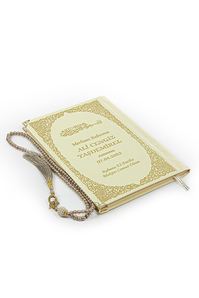 Yasin Book with Tulle-Coated Name Printed Hardcover - Medium Size - Pearl Rosary - Gold - 3