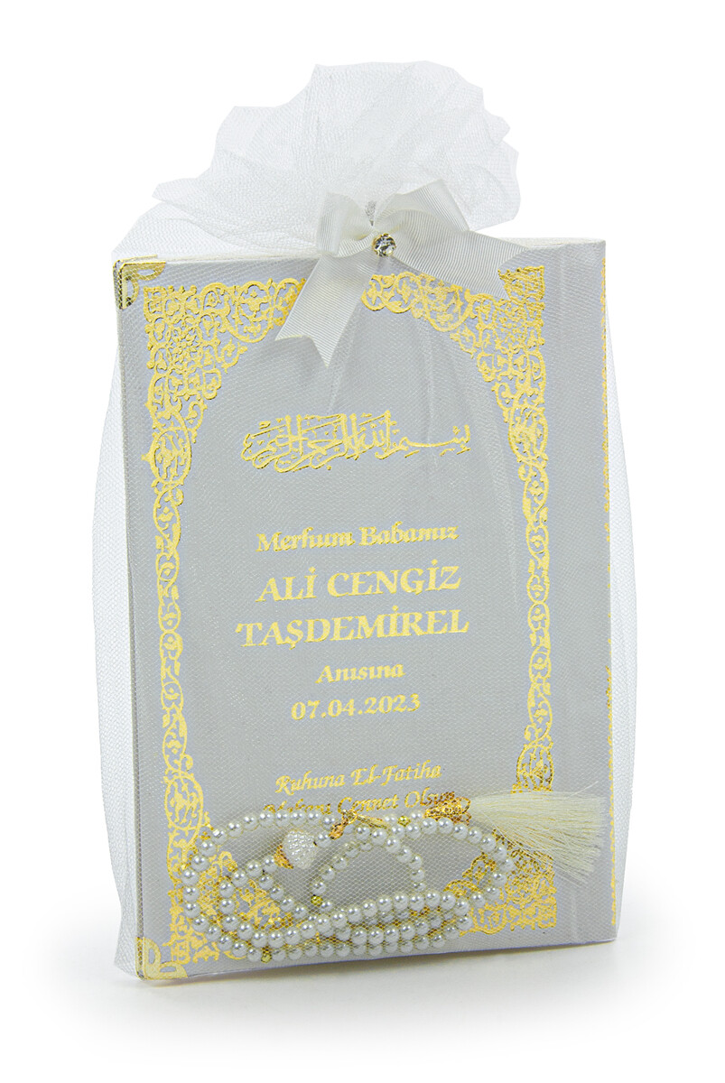 Yassin Book with Tulle-Coated Name Printed Hardcover - Medium Size - Pearl Rosary - White - 1