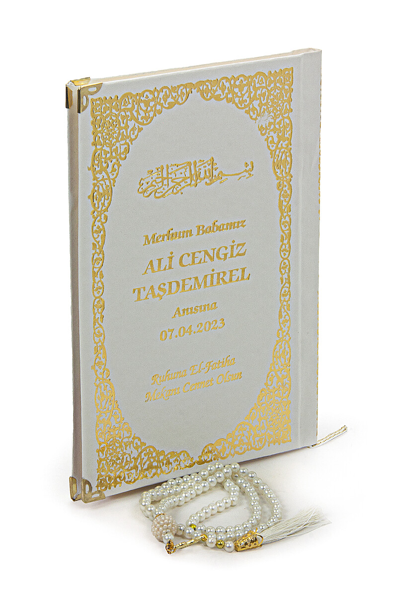 Yassin Book with Tulle-Coated Name Printed Hardcover - Medium Size - Pearl Rosary - White - 2