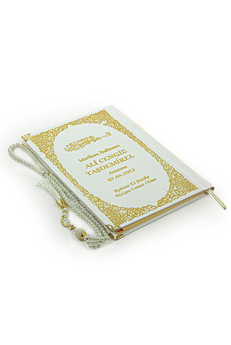 Yassin Book with Tulle-Coated Name Printed Hardcover - Medium Size - Pearl Rosary - White - 3