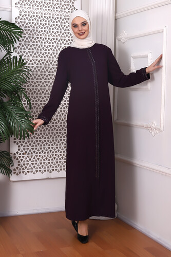 Zipper and Arm Embroidery Detailed Plum Abaya 9346-22 - 1