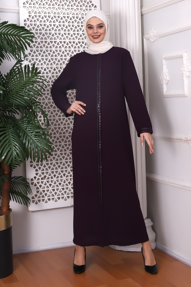 Zipper and Arm Embroidery Detailed Plum Abaya 9346-22 - 2