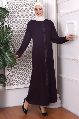 Zipper and Arm Embroidery Detailed Plum Abaya 9346-22 - 3