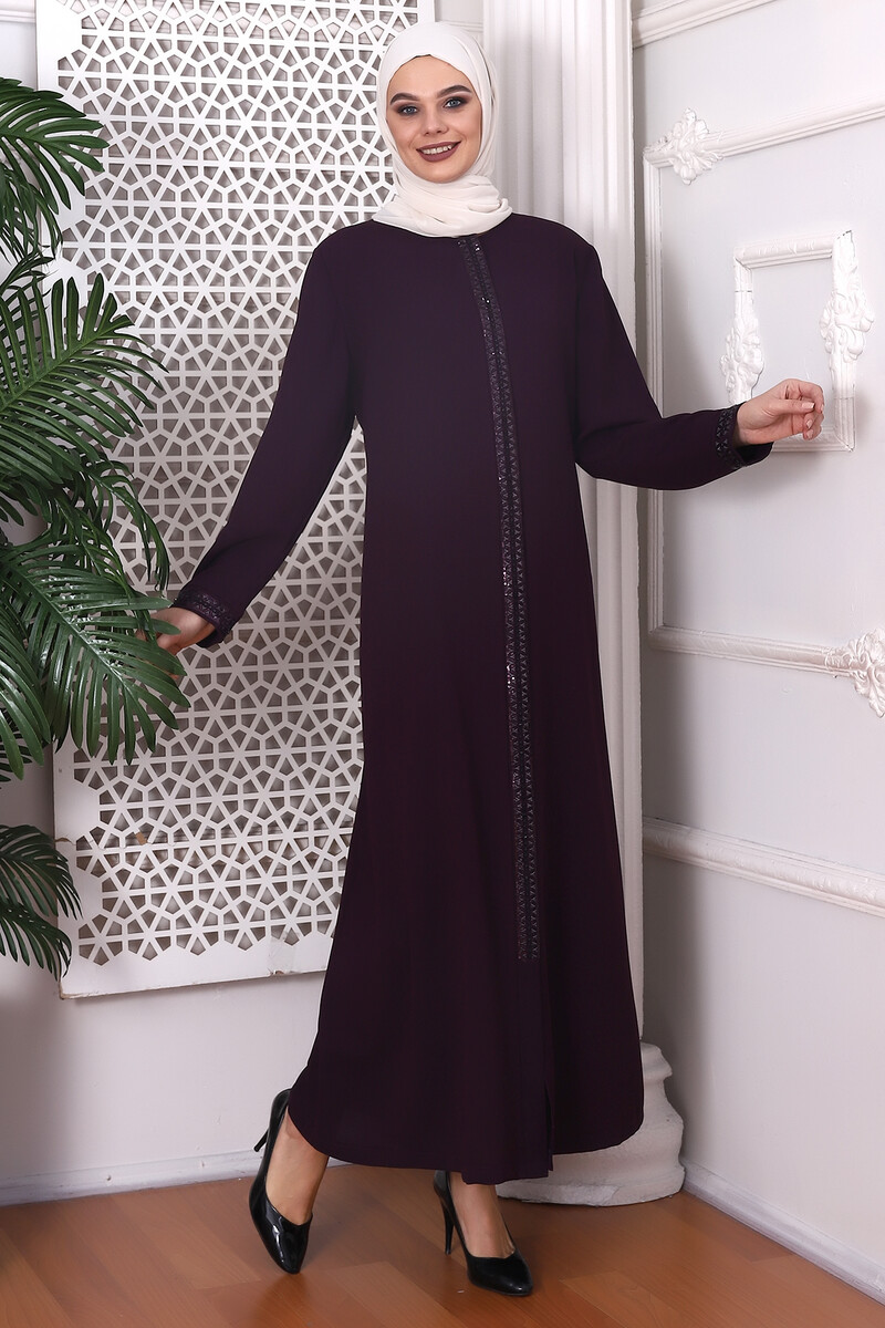 Zipper and Arm Embroidery Detailed Plum Abaya 9346-22 - 3