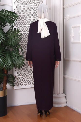 Zipper and Arm Embroidery Detailed Plum Abaya 9346-22 - 6